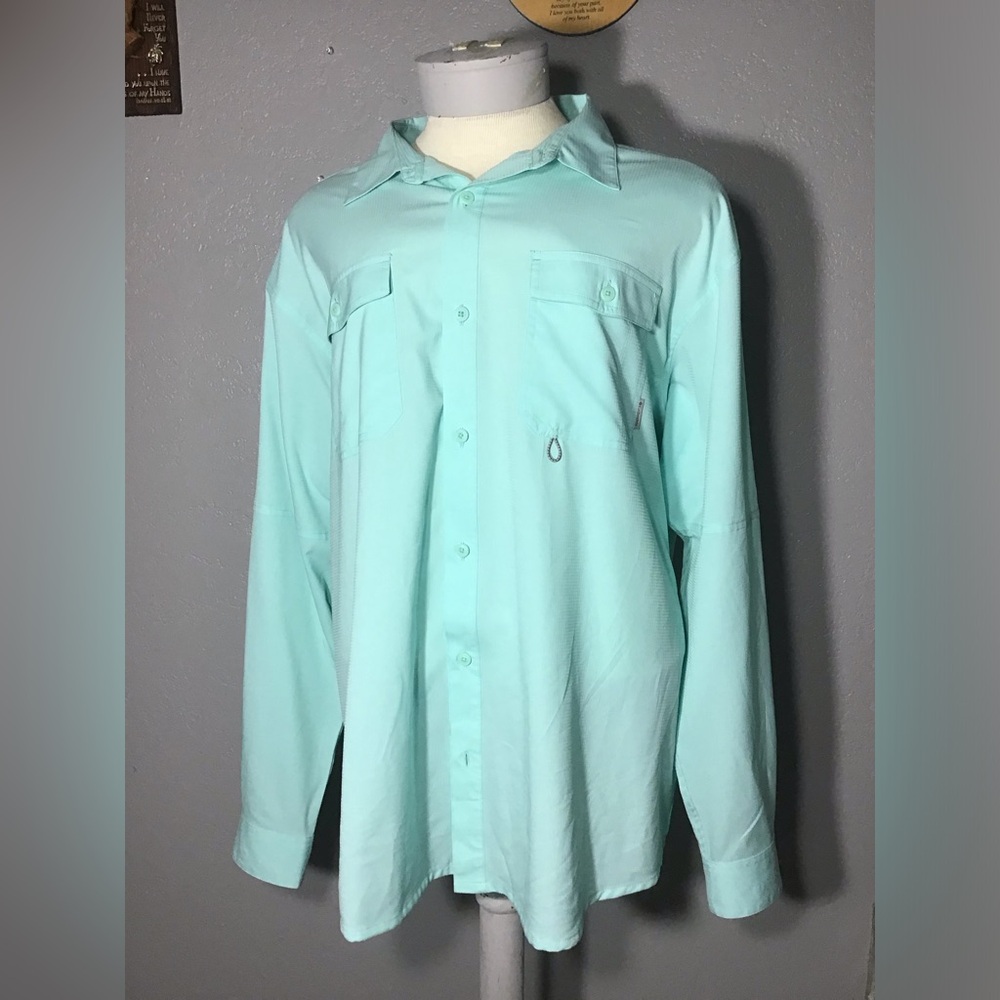 COLUMBIA OMNI SHADE LONG. SLEEVE SUN PROTECTION AQUAMARINE Sz XXL BUTTON DOWN.